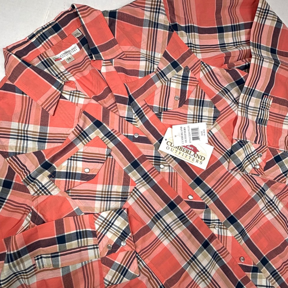 Cumberland‎ Outfitters 1X Coral Plaid Western Pearl Snap Shirt V-Neck Long NWT